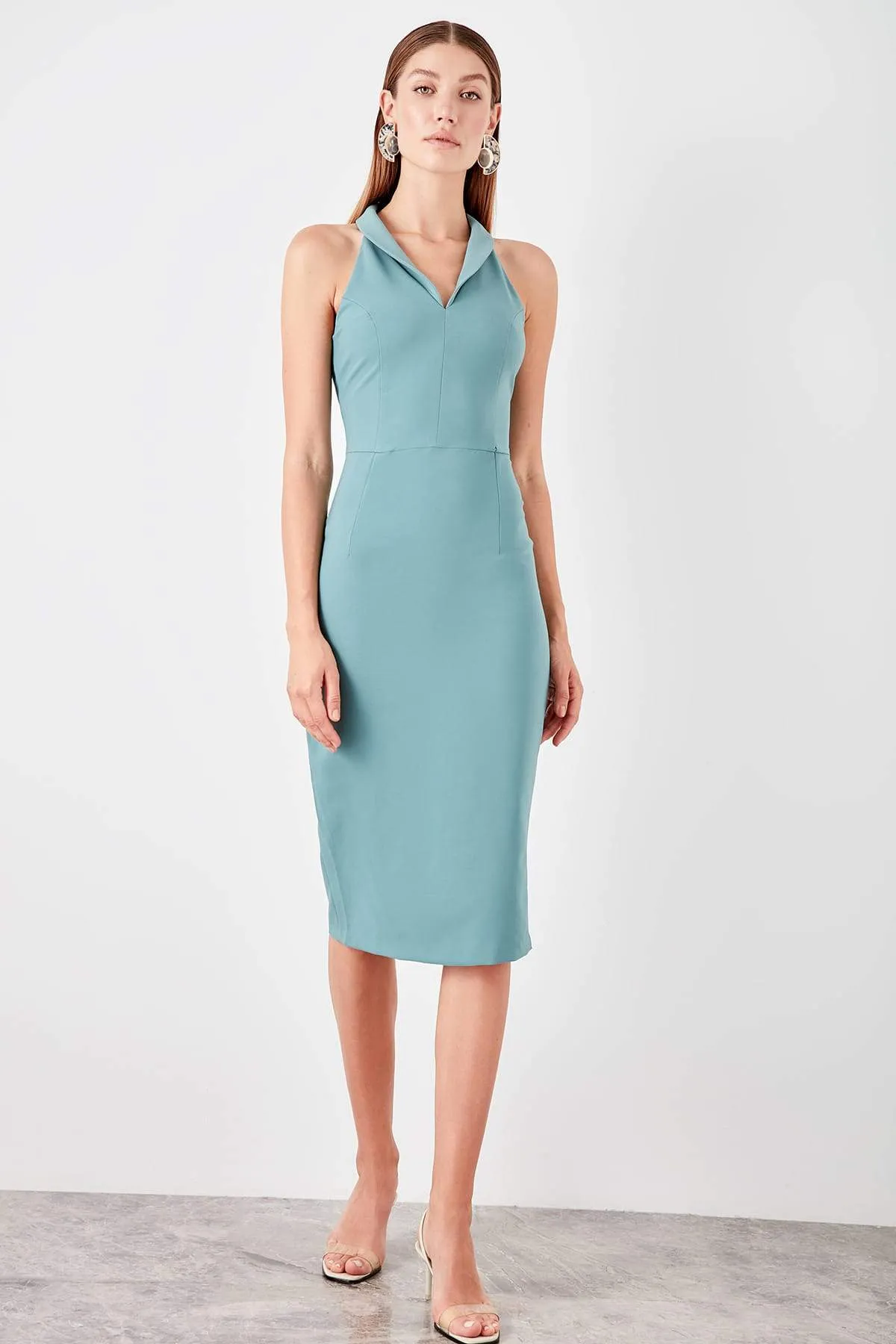 11683 Mint Folded Collar Slit Dress