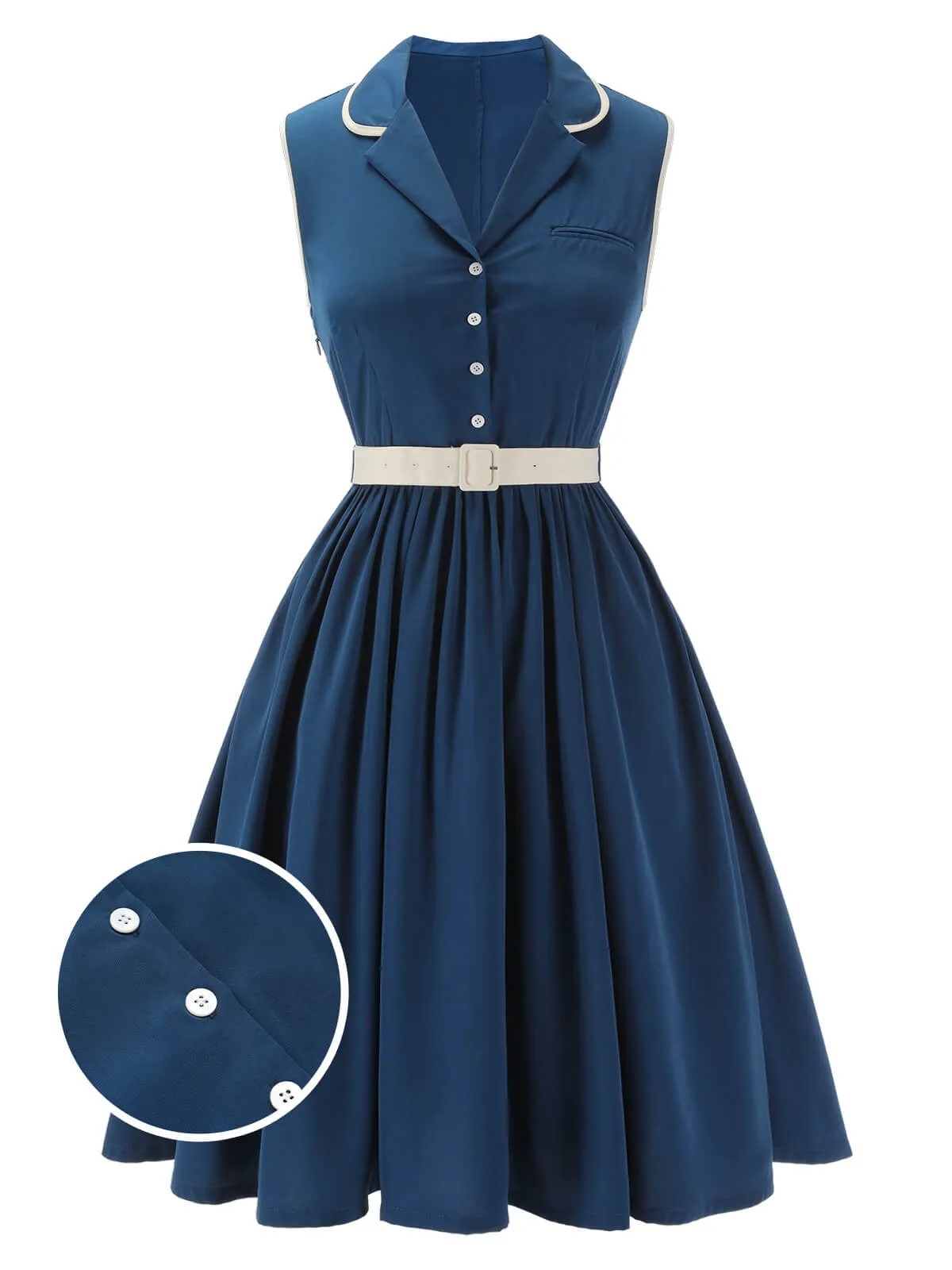 1960s Navy Blue Sleeveless Lapel Dress