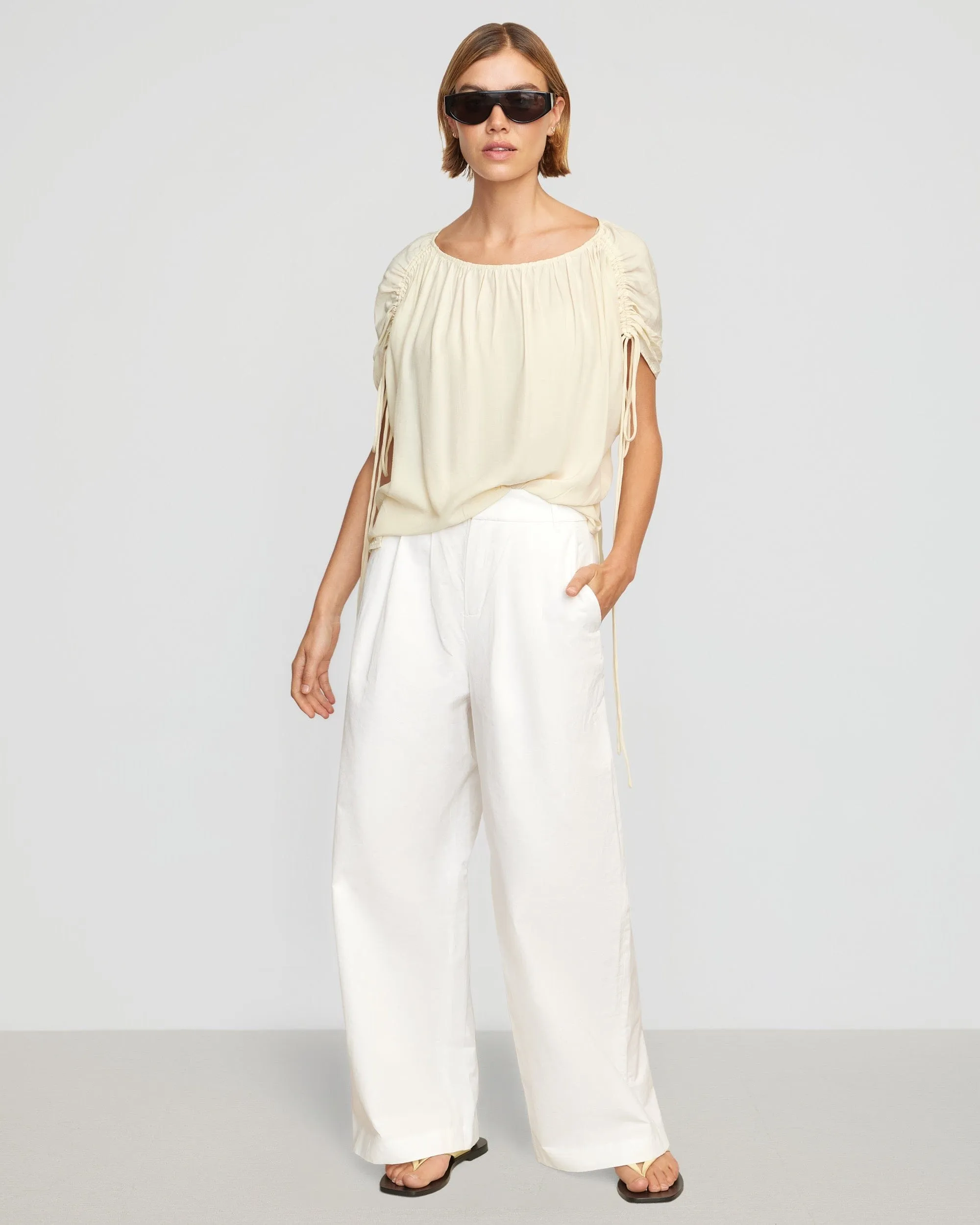 Akari Semi-Sheer Gathered-Shoulder Blouse