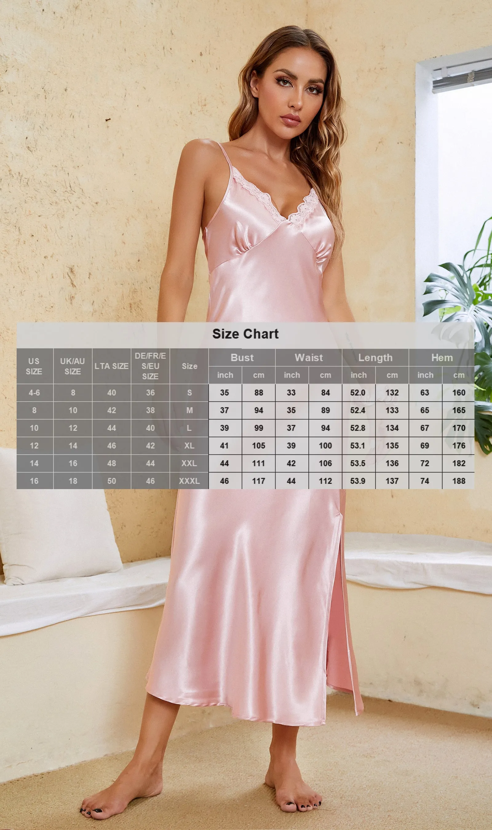 ALCEA ROSEA Women Silk Satin Nightgown Sexy Lace Chemise Lingerie Long Sleepdress for Ladies Sleepwear Slip Negligee Pink