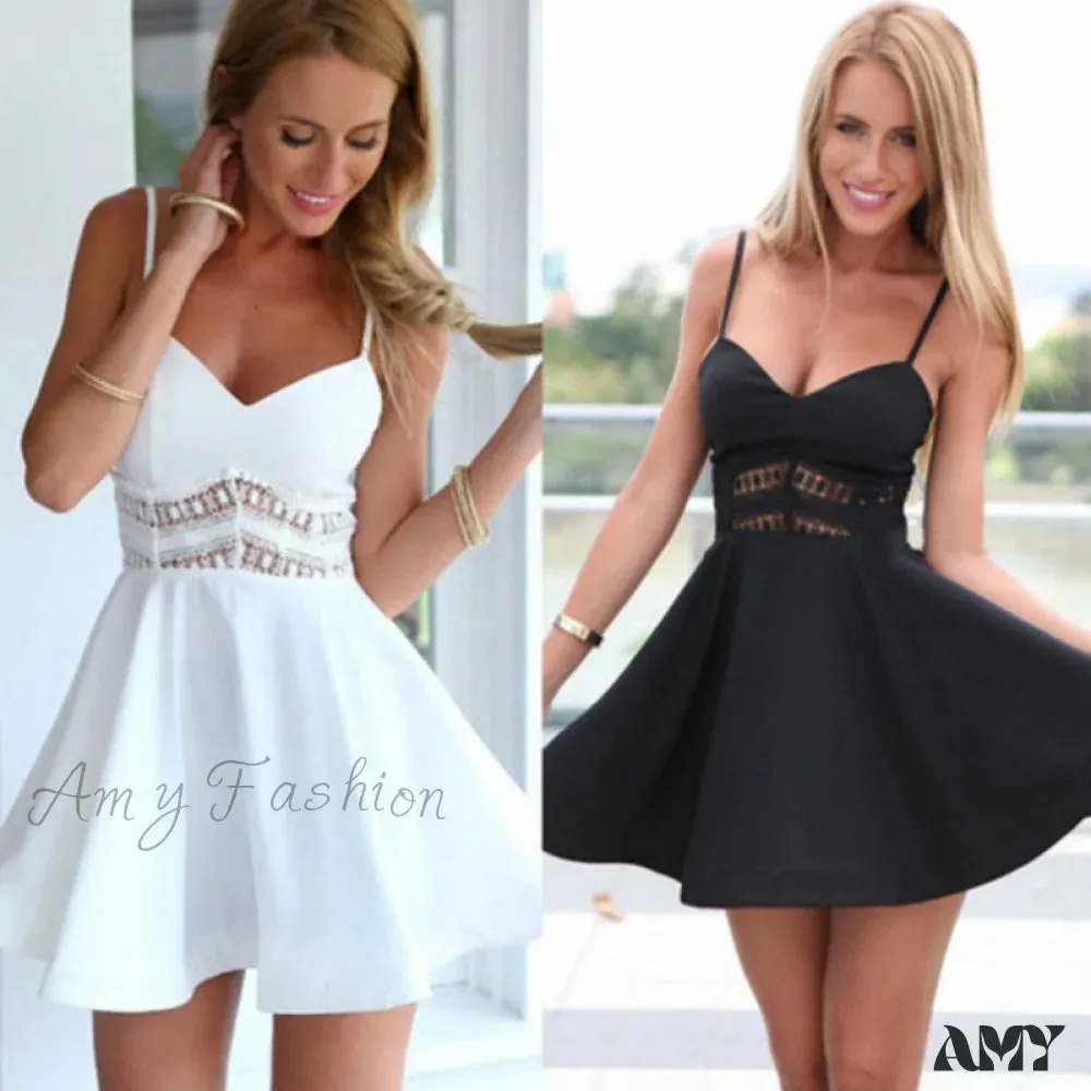 Amy Fashion - Lace Patchwork A-line Spaghetti Strap Dresses