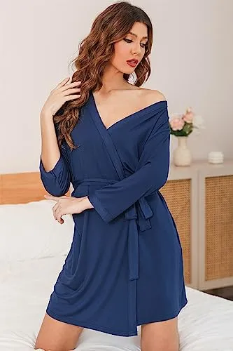 Anjue Kimono Robe Plus Size Soft Lightweight Robes V-Neck Knit Bathrobe Loungewear Short for Women(Light Blue,M)