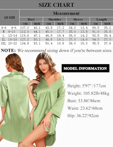 Anjue Nightshirt for Women Satin Notch Collar Nightgown Loose Loungewear Loose Fitting Nightwear Silk Nightie(Fuchsia,L)