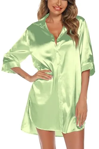 Anjue Nightshirt for Women Satin Notch Collar Nightgown Loose Loungewear Loose Fitting Nightwear Silk Nightie(Fuchsia,L)