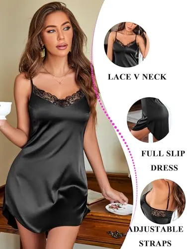 Avidlove Silk Nightgown Sexy Lingerie Lace Chemise Satin Slip Nightie Babydoll for Women Lilac Medium