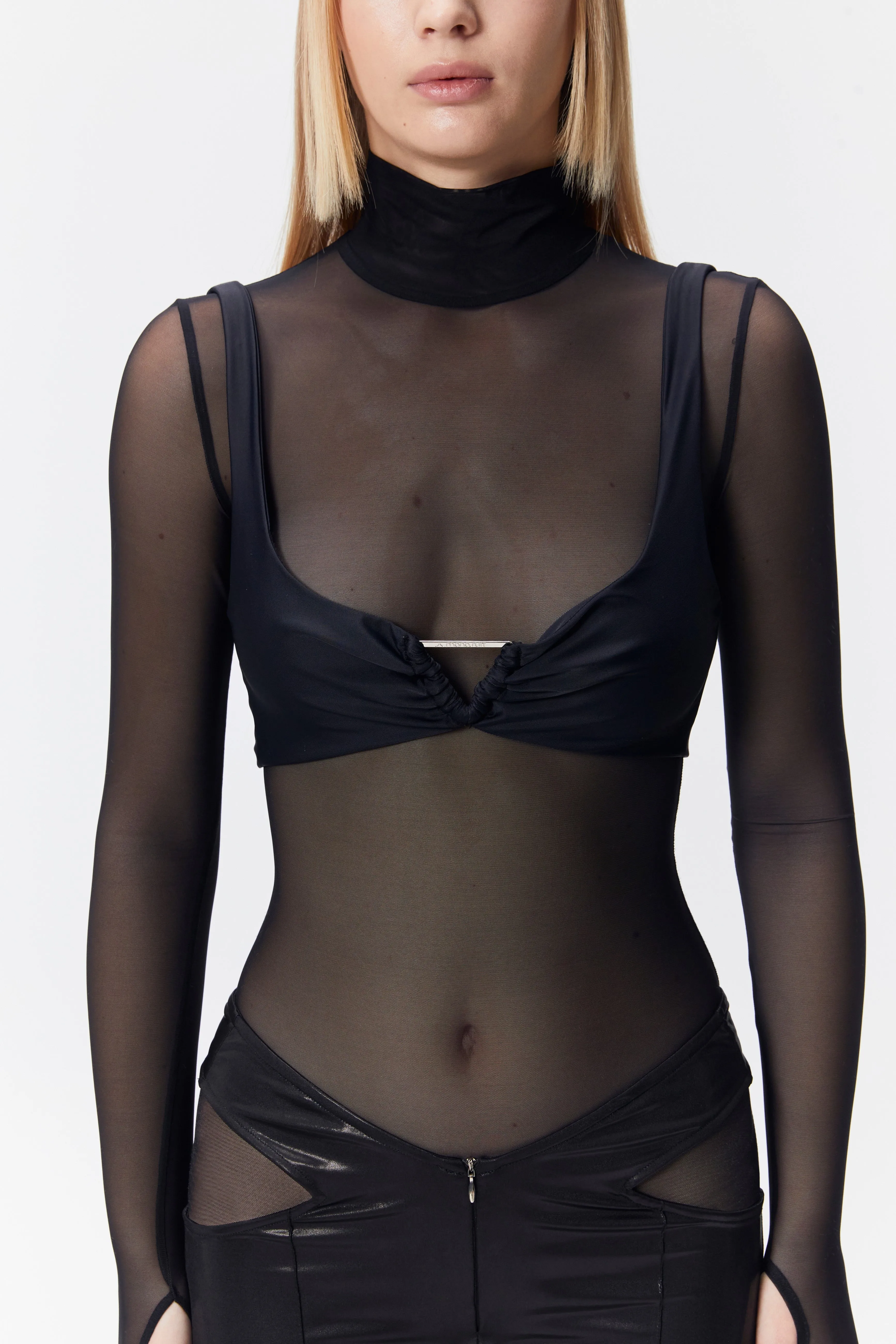 Black Mesh Long Sleeve Turtleneck Full Bodysuit