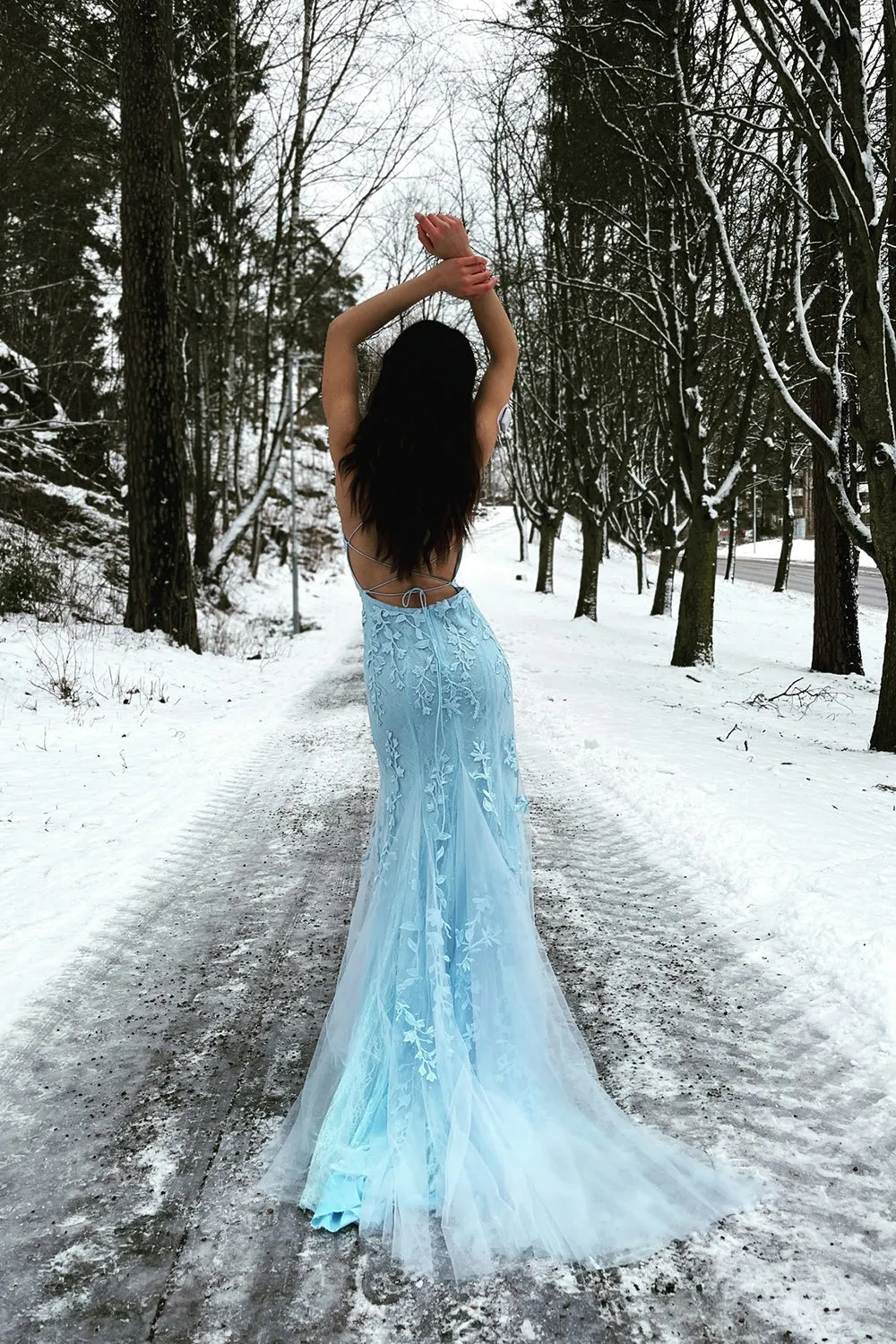 Blue Mermaid Spaghetti Straps Criss Cross Back Long Prom Dress