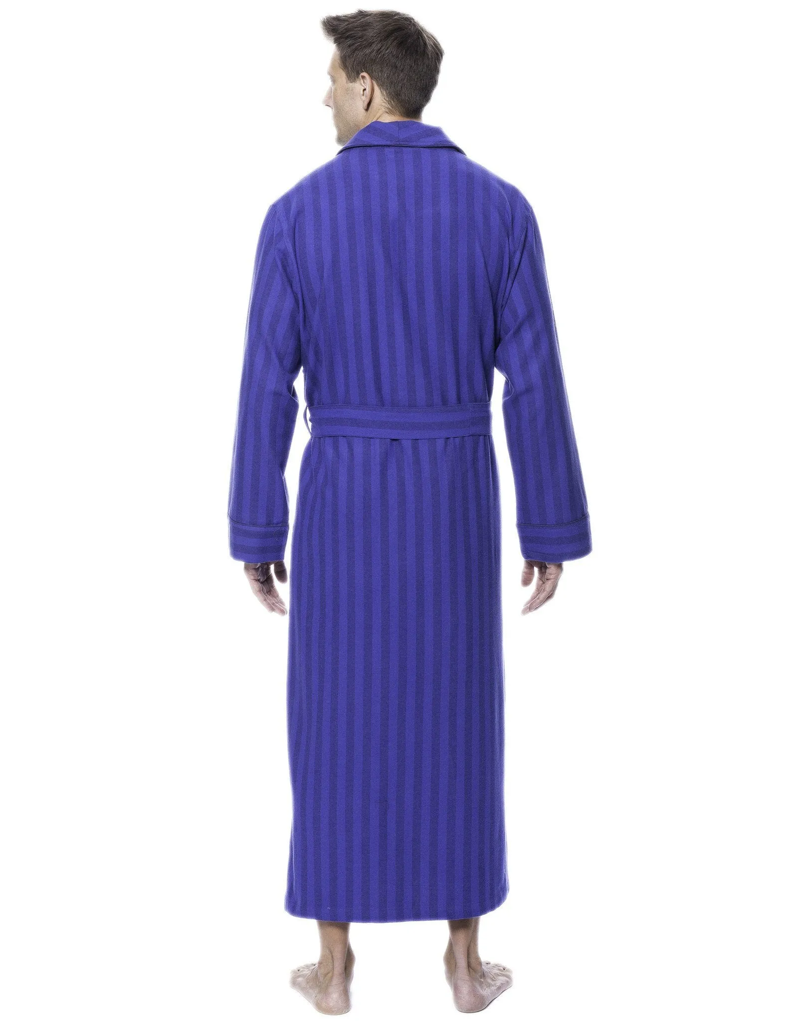 Box Packaged Men's Premium 100% Cotton Flannel Long Robe - Stripes Tonal Blue