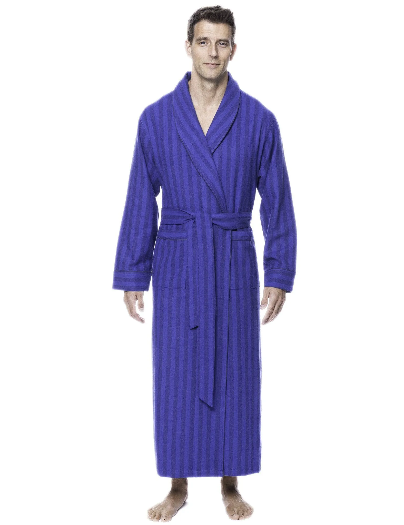 Box Packaged Men's Premium 100% Cotton Flannel Long Robe - Stripes Tonal Blue