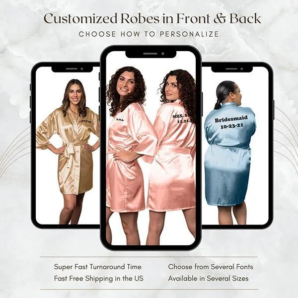 Bridesmaid Robe Set of 5, Personalized Robes in Front & Back, 26 Colors, 3T-6XL