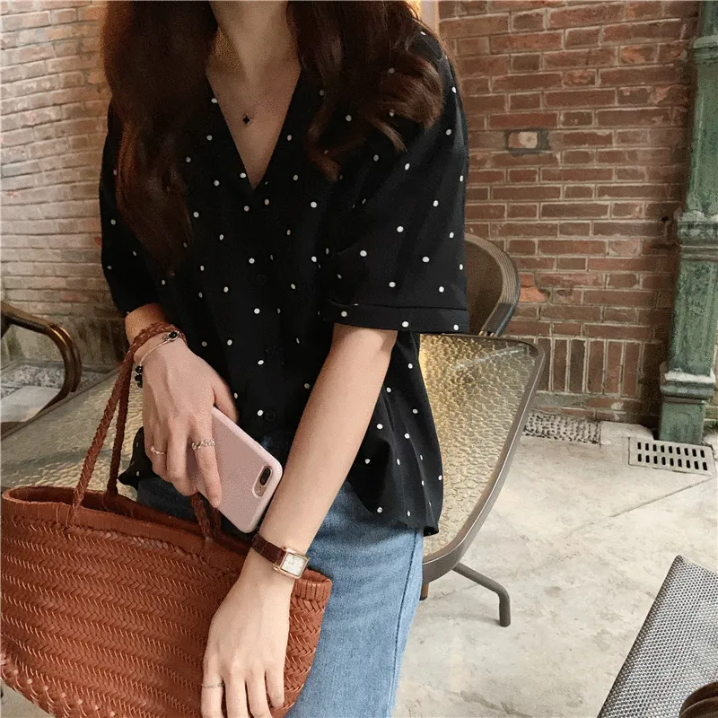 Button-Down Shirt With Polka Dots And Turn-Down Collar