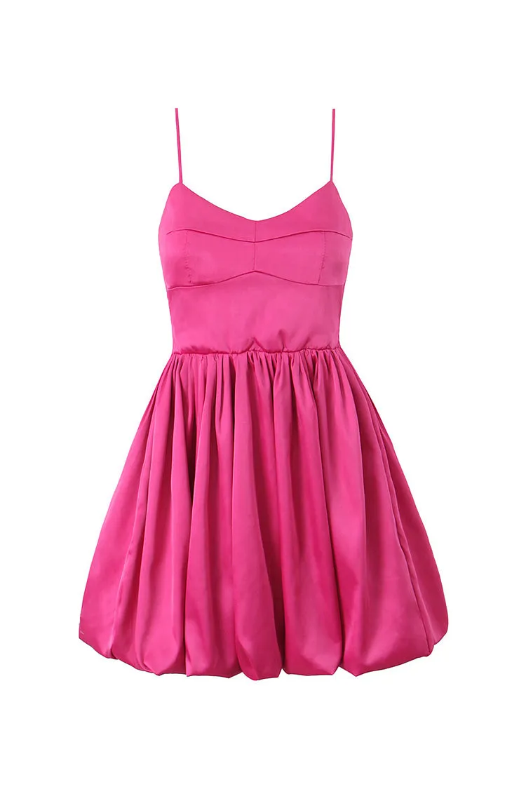 Cute Sweetheart Spaghetti Strap Ruched Bubble Satin Smock Party Mini Dress