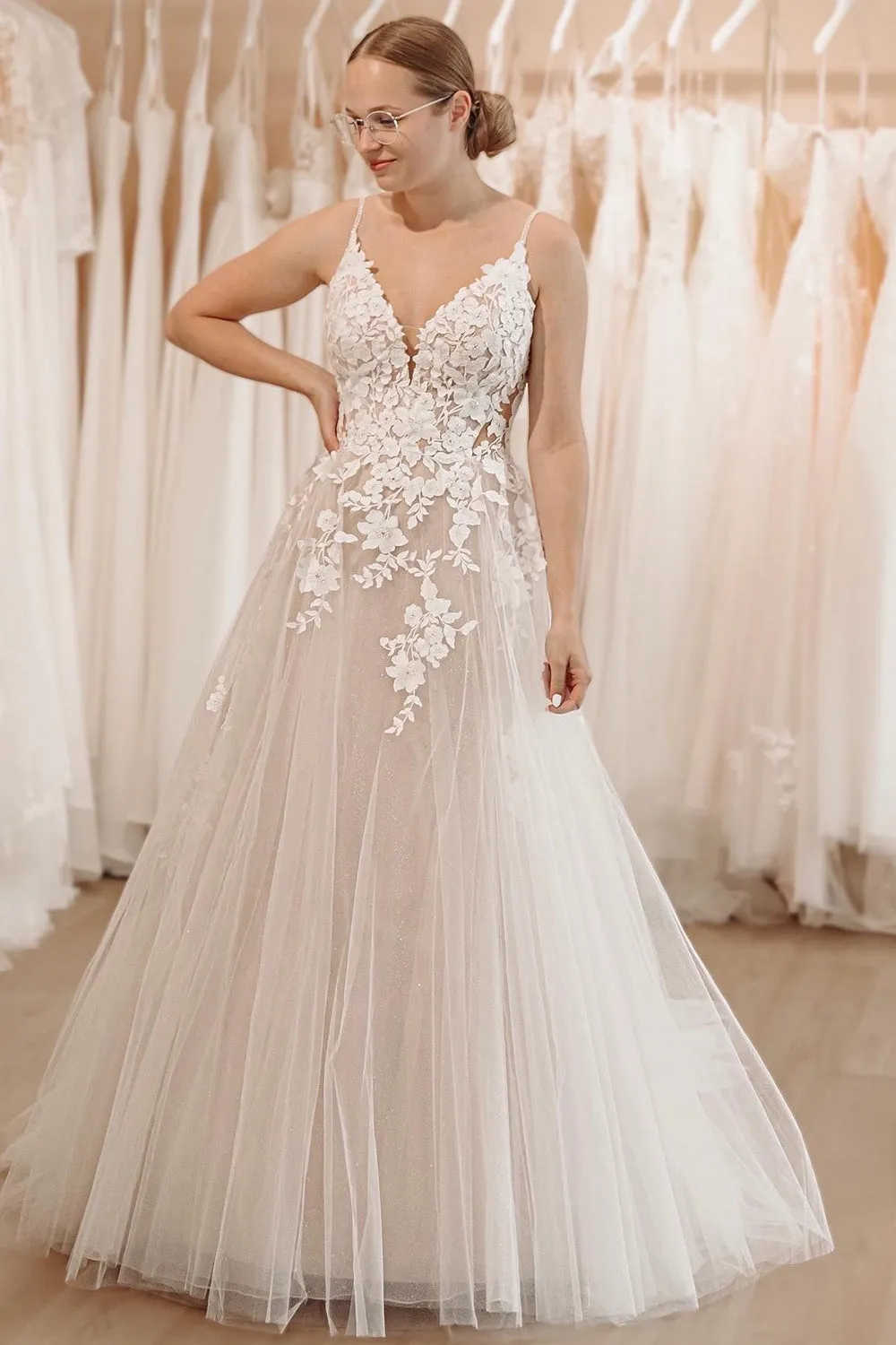 Dalia | Glitter Ivory A-Line Spaghetti Straps Long Wedding Dress with Appliques