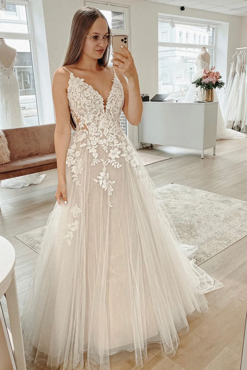 Dalia | Glitter Ivory A-Line Spaghetti Straps Long Wedding Dress with Appliques