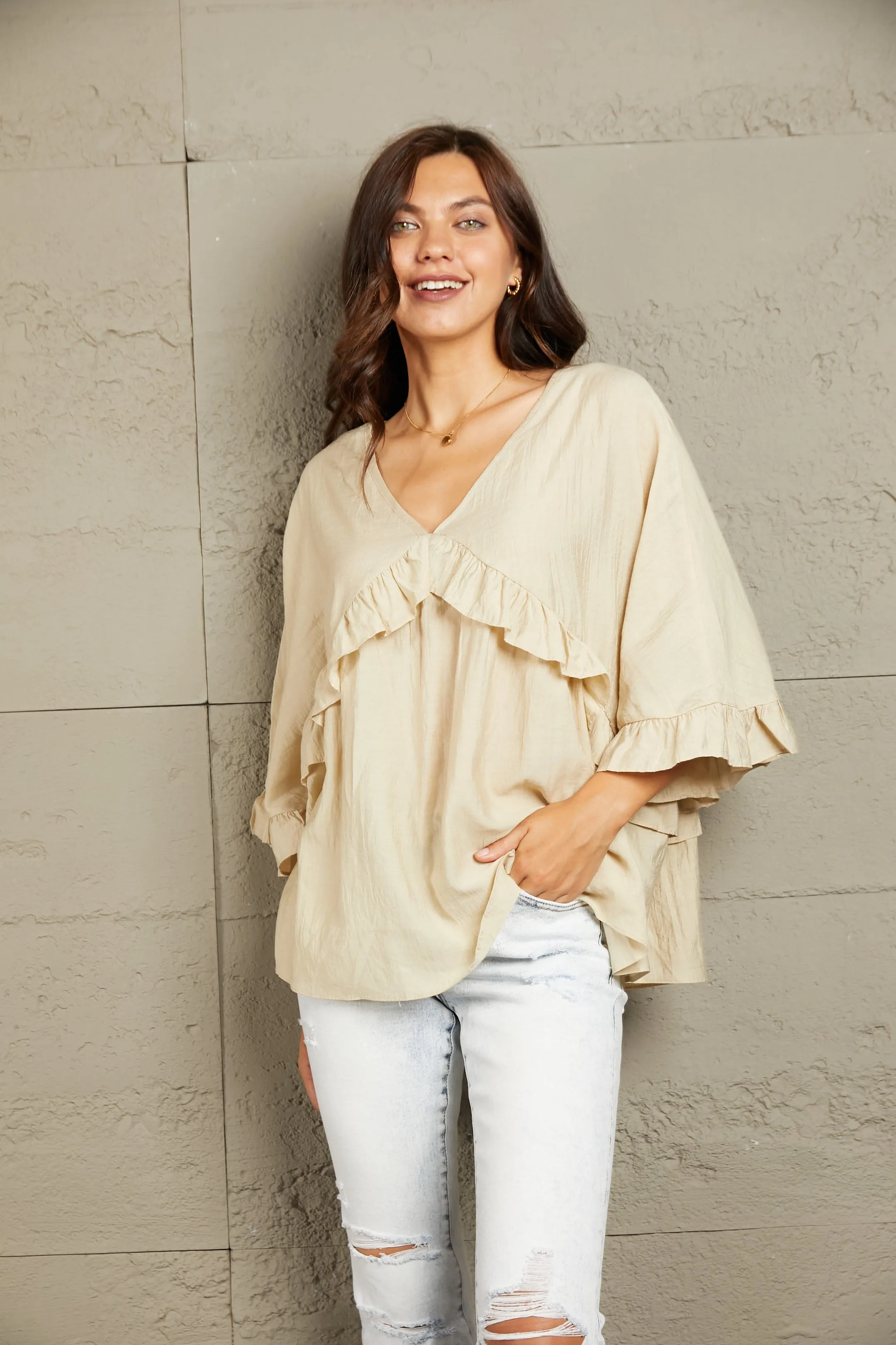 Double Take Ruffled V-Neck Half Sleeve Blouse