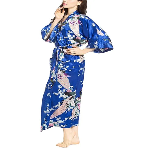 Elegant Long Floral Kimono Womens Robe, Sizes 2 to 18, Floral Lightweight Satin Robes