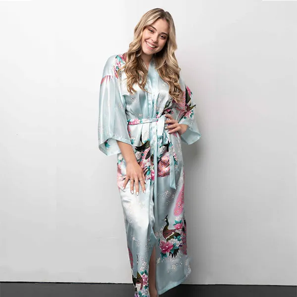 Elegant Long Floral Kimono Womens Robe, Sizes 2 to 18, Floral Lightweight Satin Robes