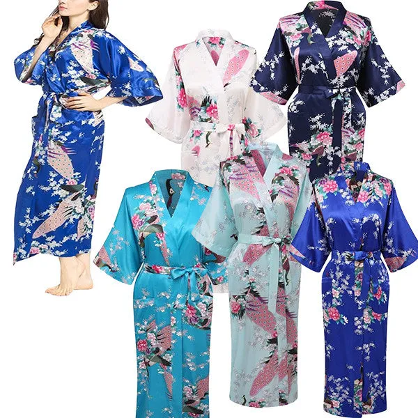 Elegant Long Floral Kimono Womens Robe, Sizes 2 to 18, Floral Lightweight Satin Robes