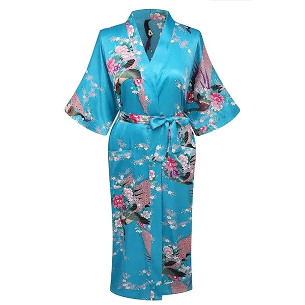 Elegant Long Floral Kimono Womens Robe, Sizes 2 to 18, Floral Lightweight Satin Robes