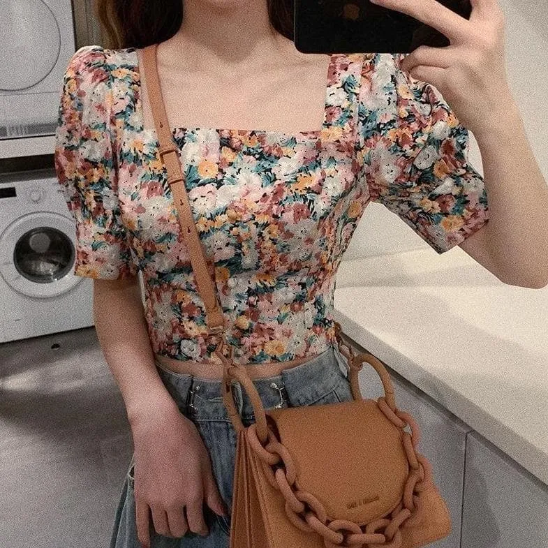 Floral Blouse With Back Cut-Out And Bow