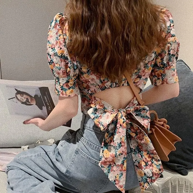 Floral Blouse With Back Cut-Out And Bow