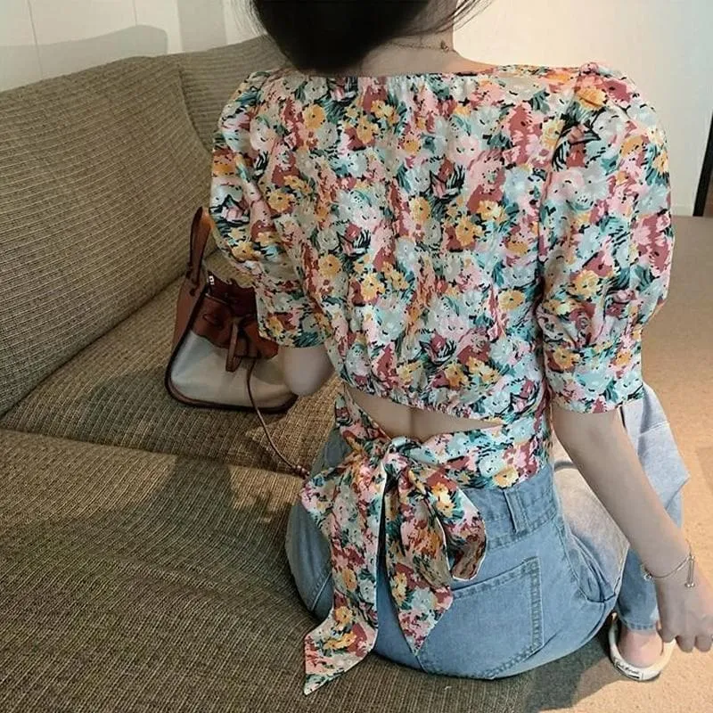 Floral Blouse With Back Cut-Out And Bow