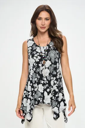 Floral Puff  Print Shark Bite Hem Tank- 2057HT-TRP1-W355