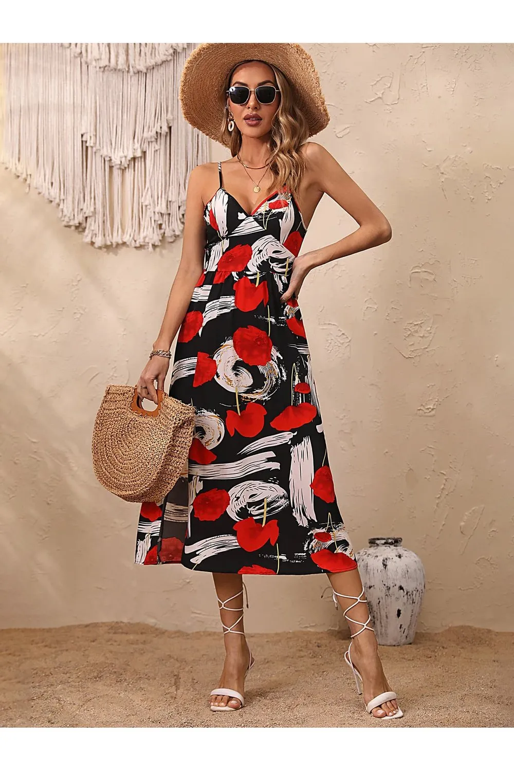 Floral Spaghetti Strap Slit Hem Dress