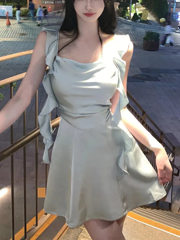 Hnzxzm Elegant Sleeveless Satin Mini Dress Women  Summer Korean Short Design Spaghetti Strap Vintage Fairy Sweet Female Clothing