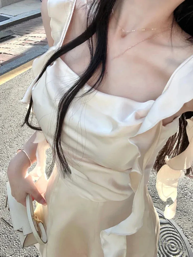 Hnzxzm Elegant Sleeveless Satin Mini Dress Women  Summer Korean Short Design Spaghetti Strap Vintage Fairy Sweet Female Clothing