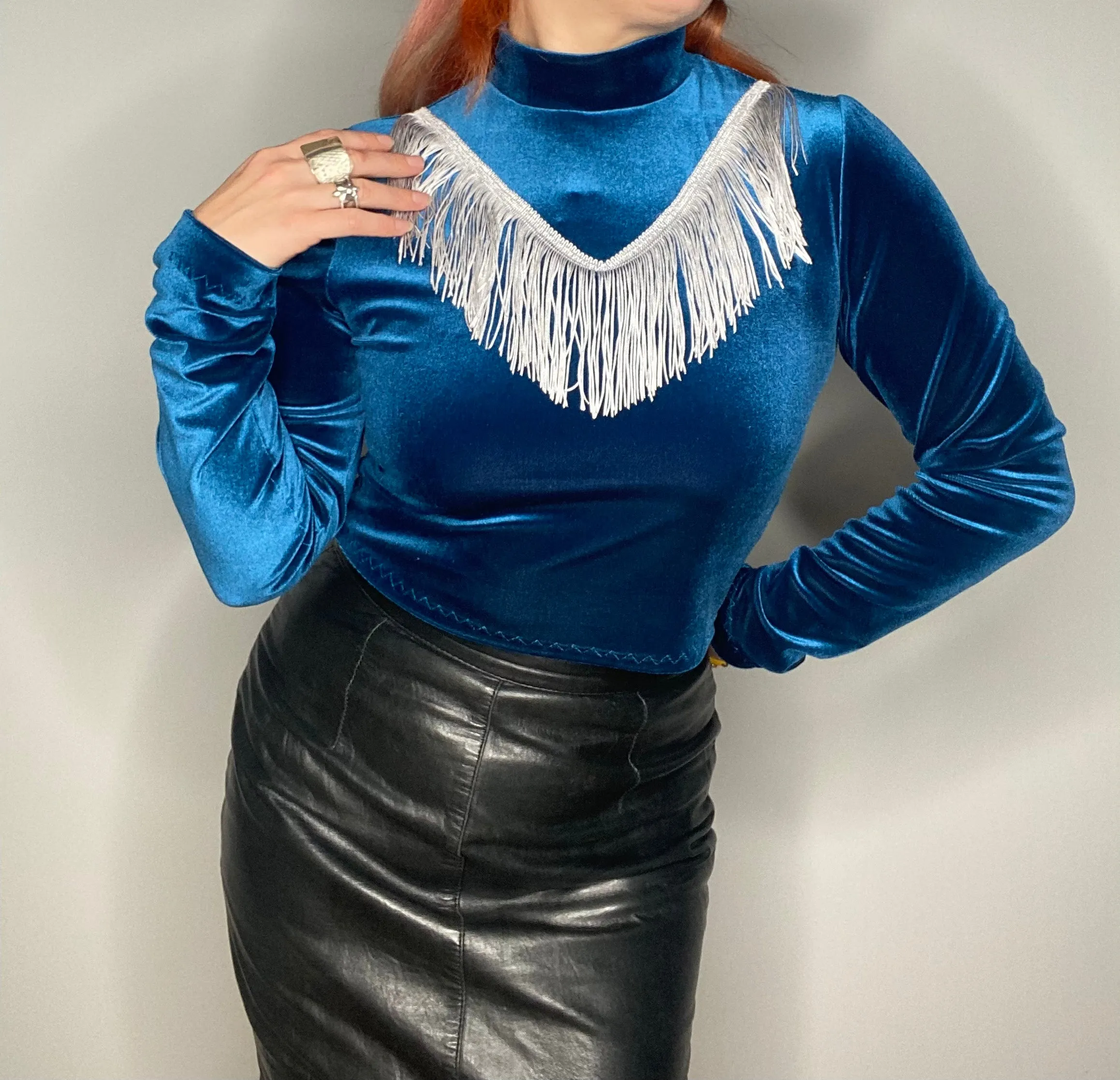 Indigo Velvet Dolly Fringe Top