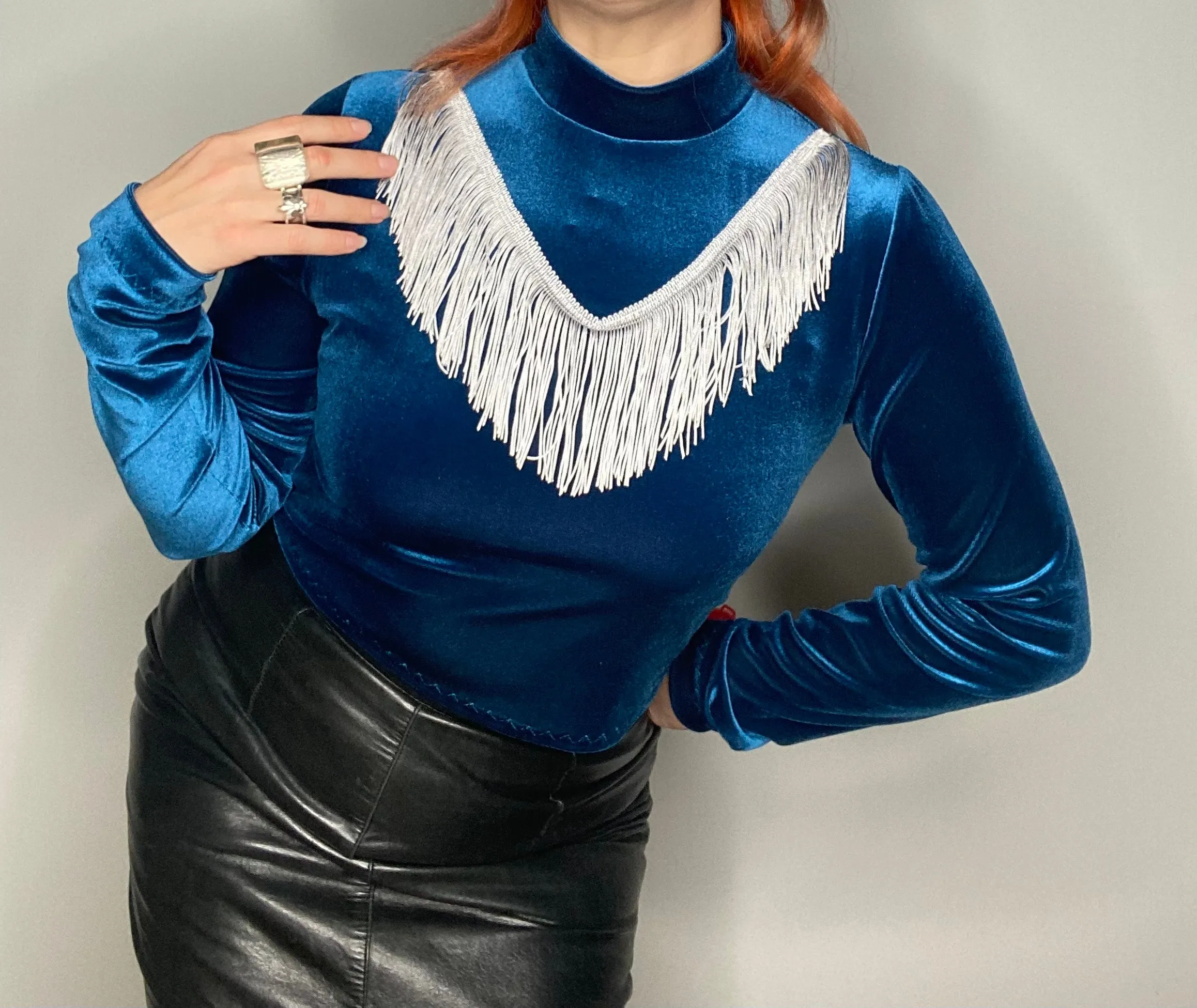 Indigo Velvet Dolly Fringe Top