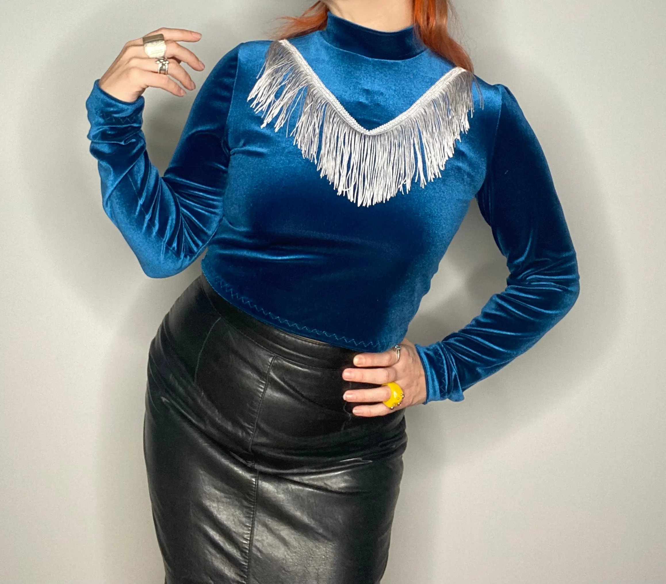 Indigo Velvet Dolly Fringe Top