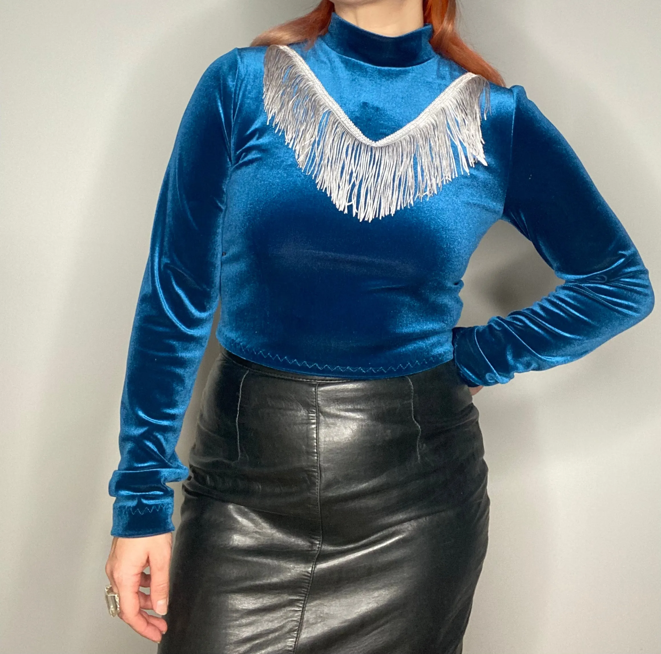 Indigo Velvet Dolly Fringe Top