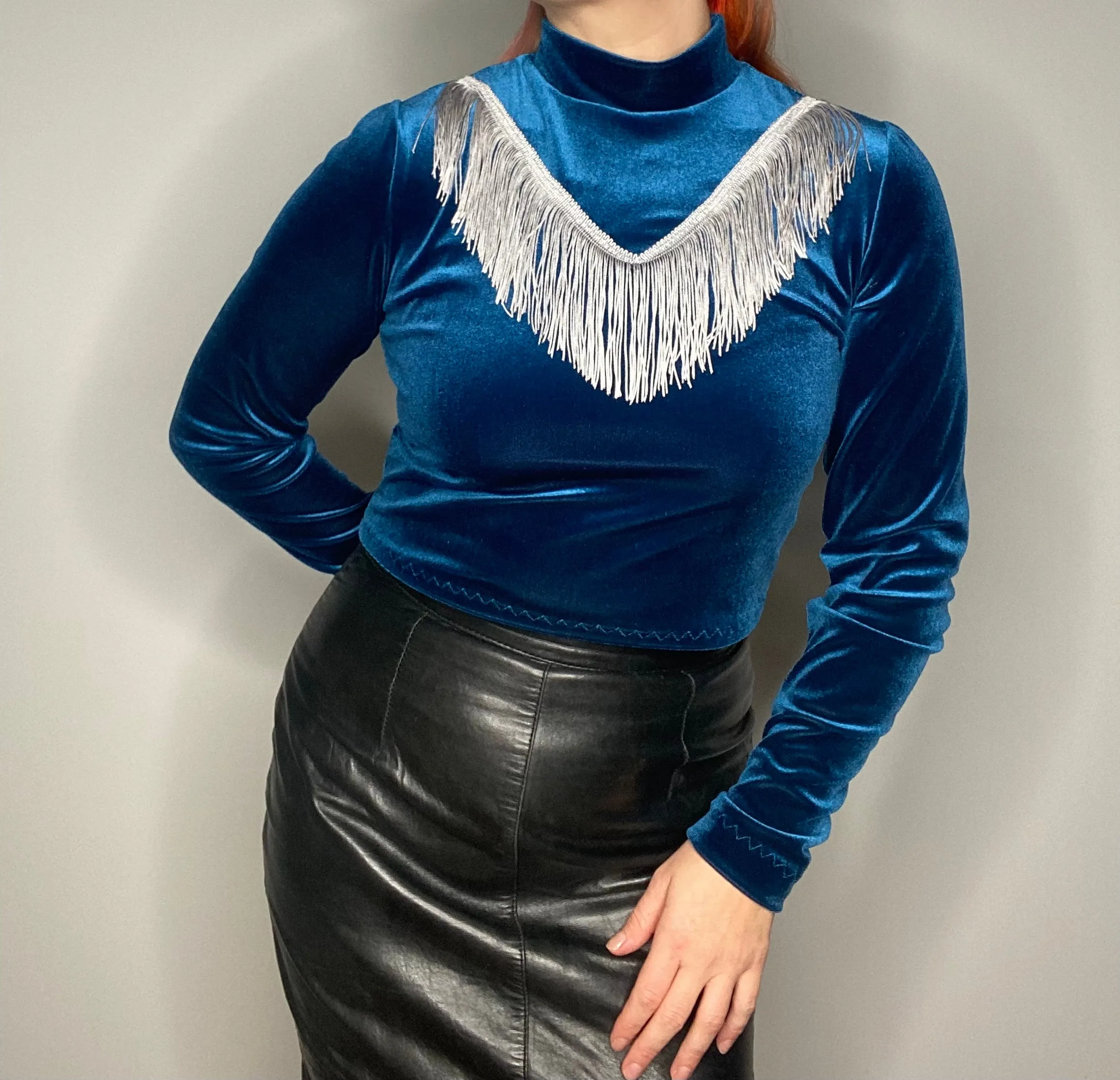 Indigo Velvet Dolly Fringe Top