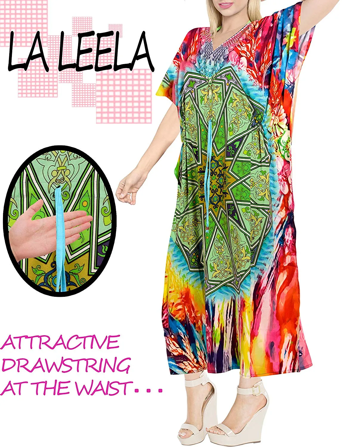 LA LEELA Digital Women's Kaftan Kimono Nightgown Beachwear Cover up Dress