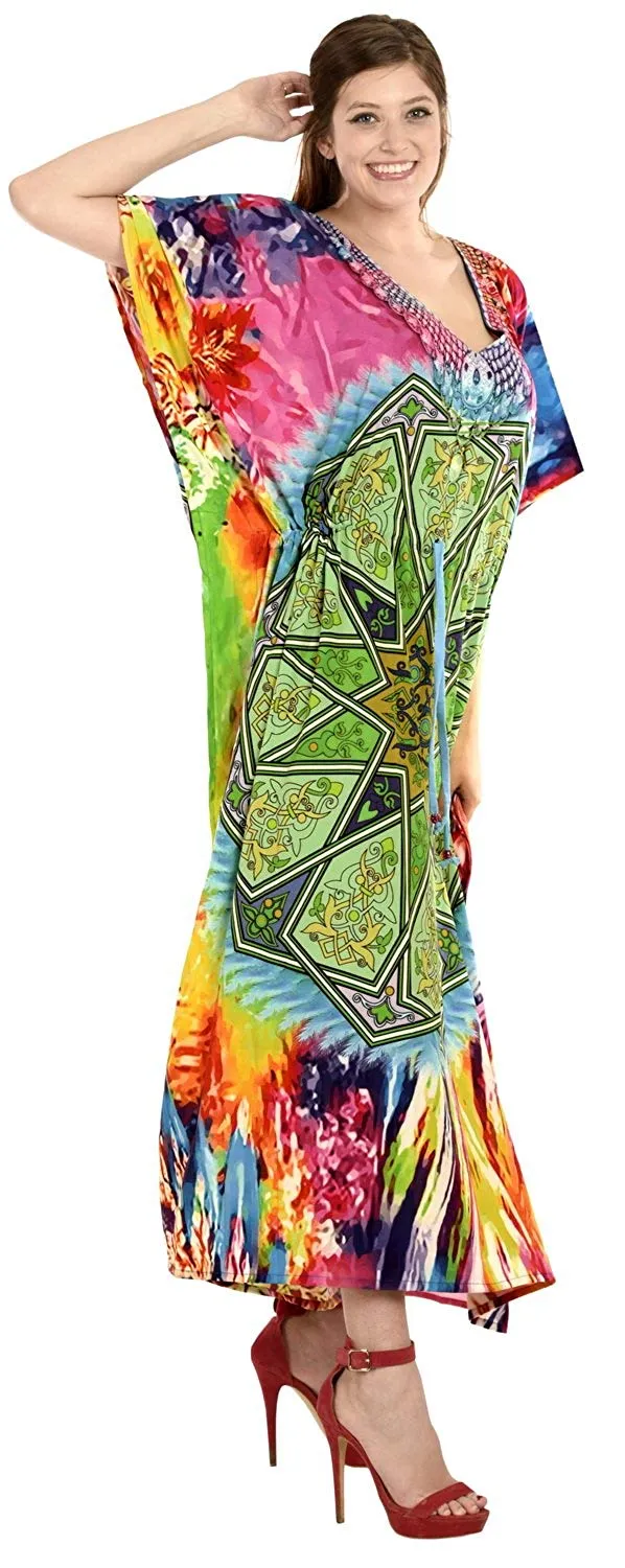 LA LEELA Digital Women's Kaftan Kimono Nightgown Beachwear Cover up Dress