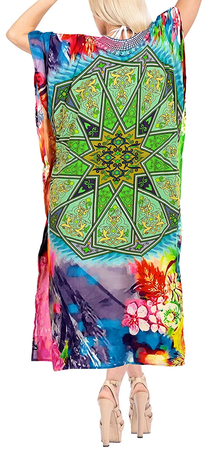 LA LEELA Digital Women's Kaftan Kimono Nightgown Beachwear Cover up Dress