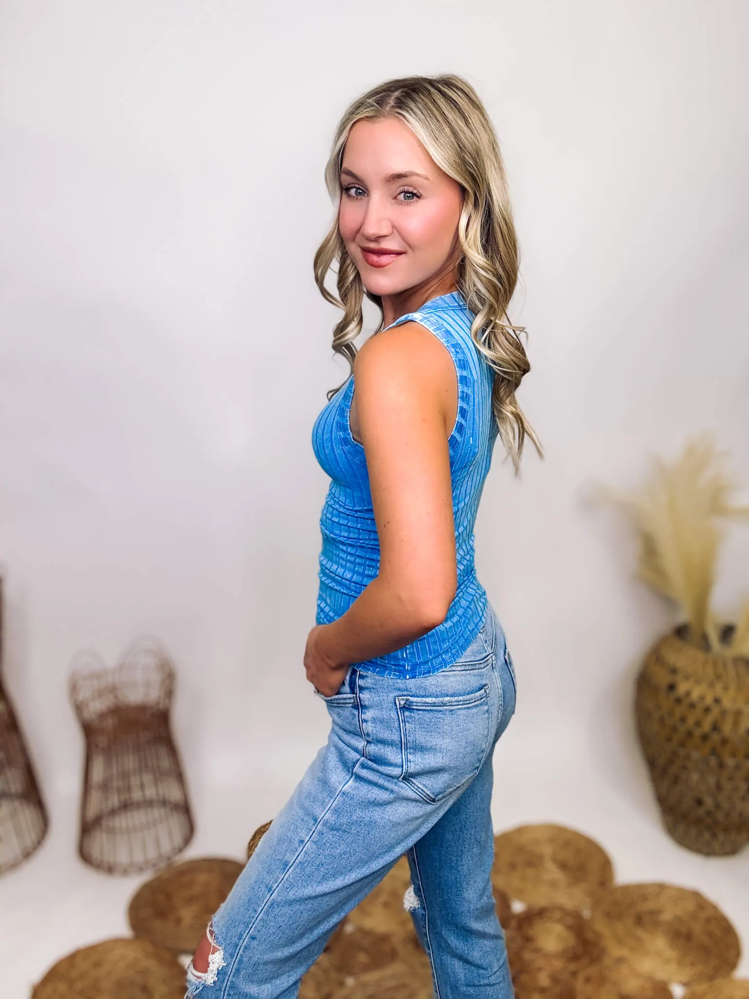 Light Blue Acid Washed Ribbed Sleeveless High Neck Tank with Exposed Seams