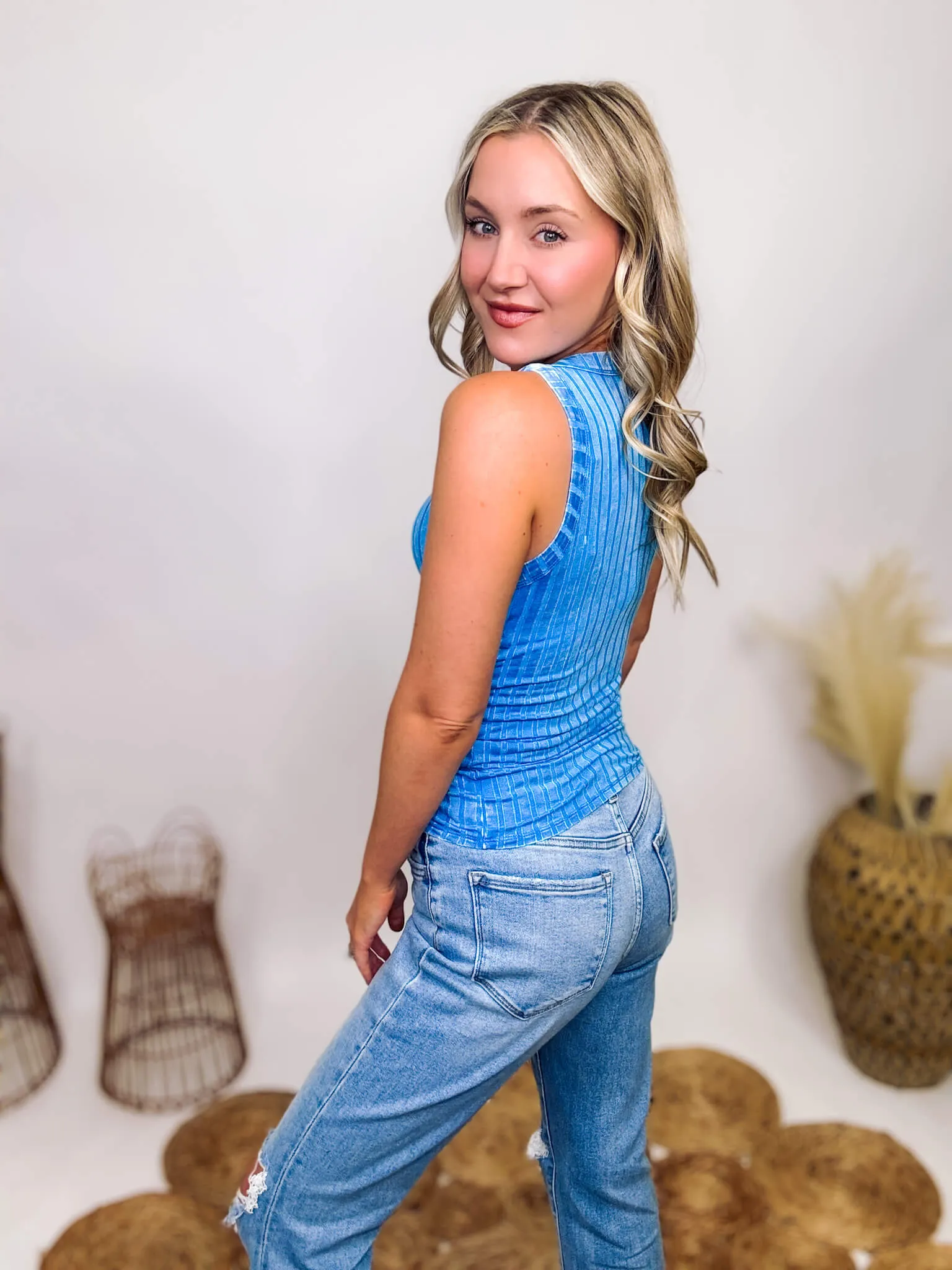 Light Blue Acid Washed Ribbed Sleeveless High Neck Tank with Exposed Seams