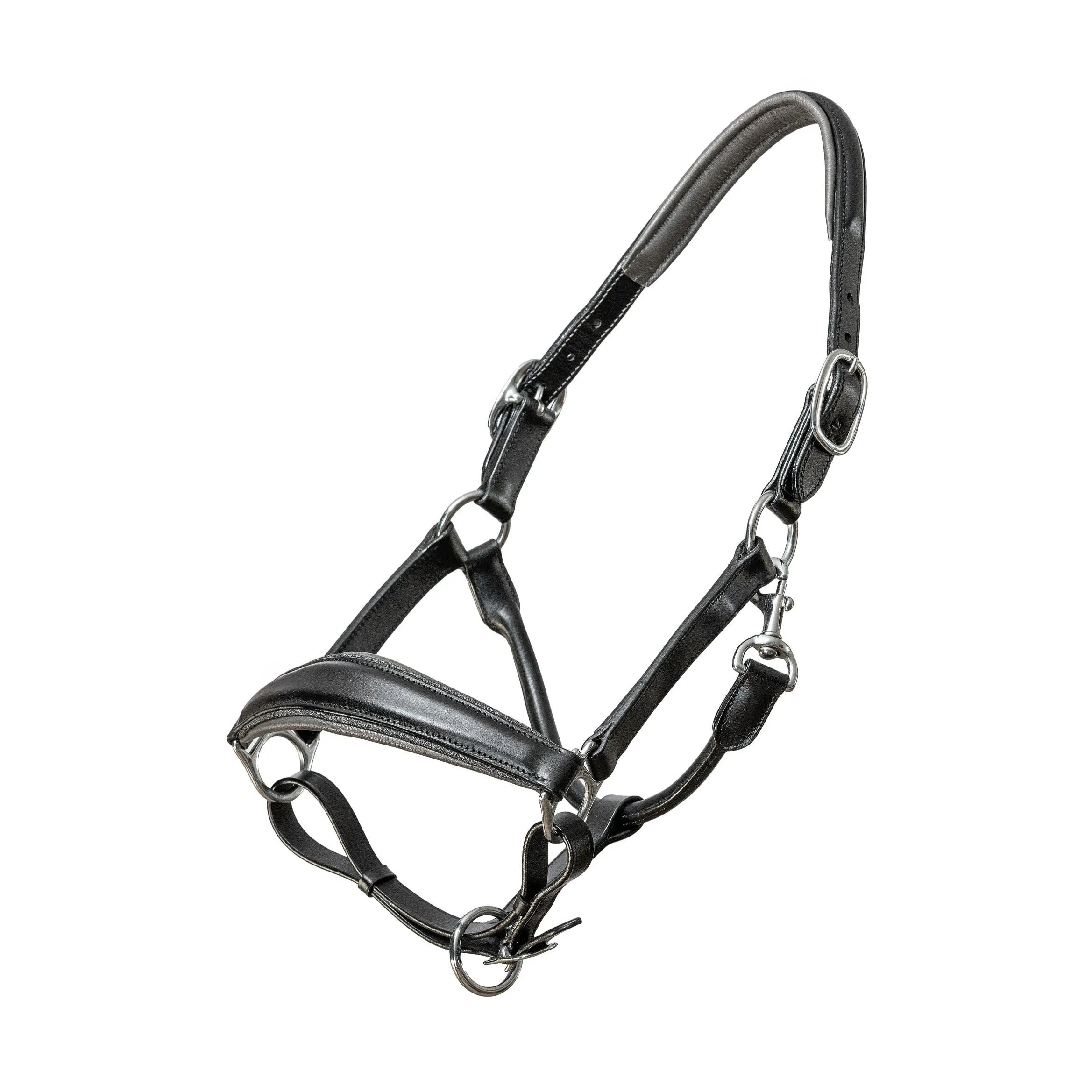 Manhattan Limited Edition Black Leather Halter with Metallic Gunmetal Gray Padding & Gunmetal Glitter Piping