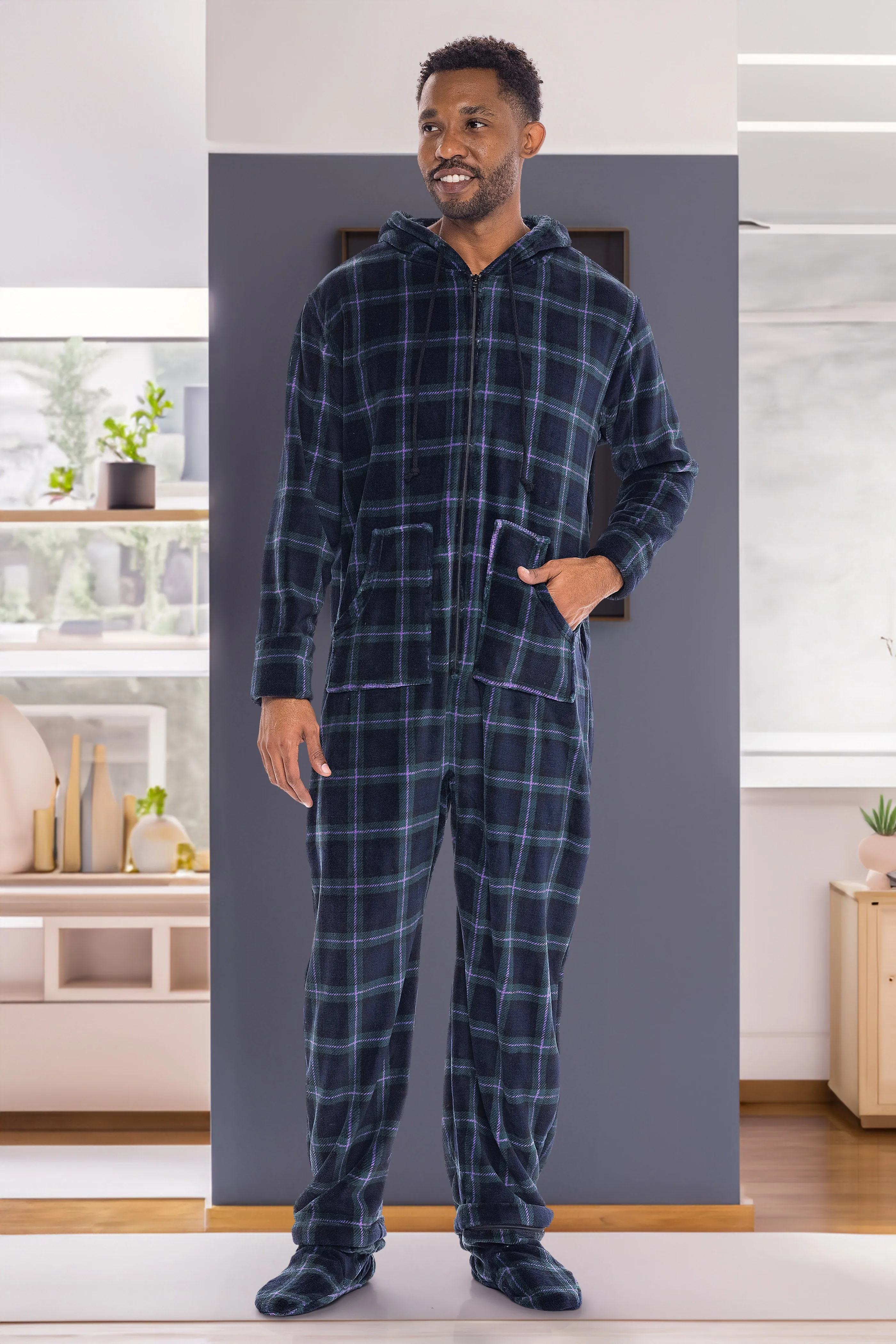 Men's Hooded Footed Adult Onesie Pajamas, Plush Winter PJs with Hood