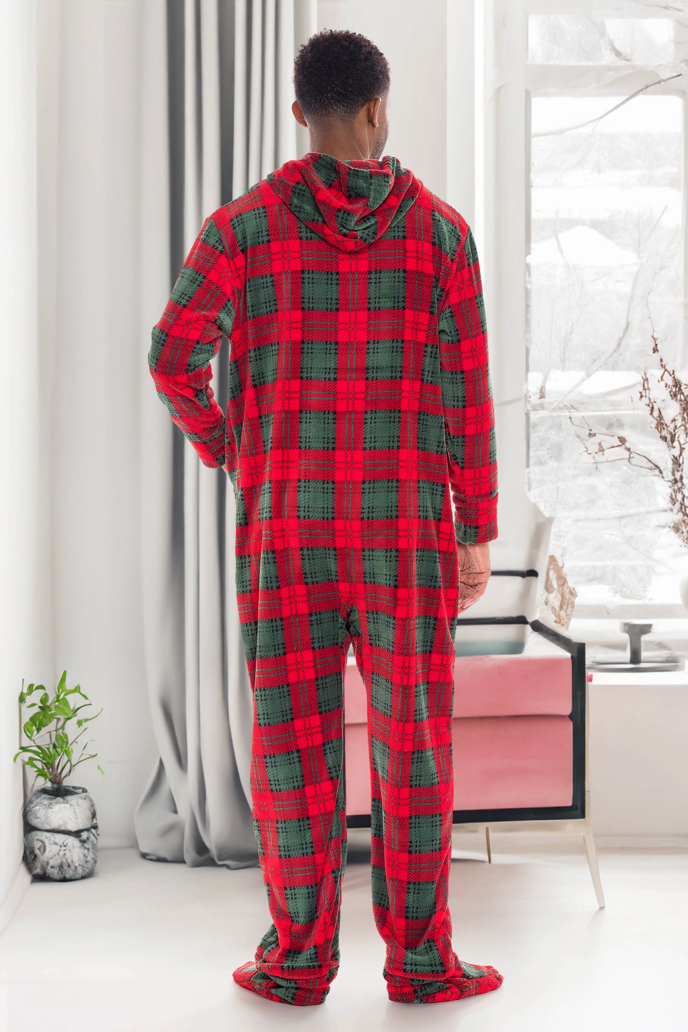 Men's Hooded Footed Adult Onesie Pajamas, Plush Winter PJs with Hood