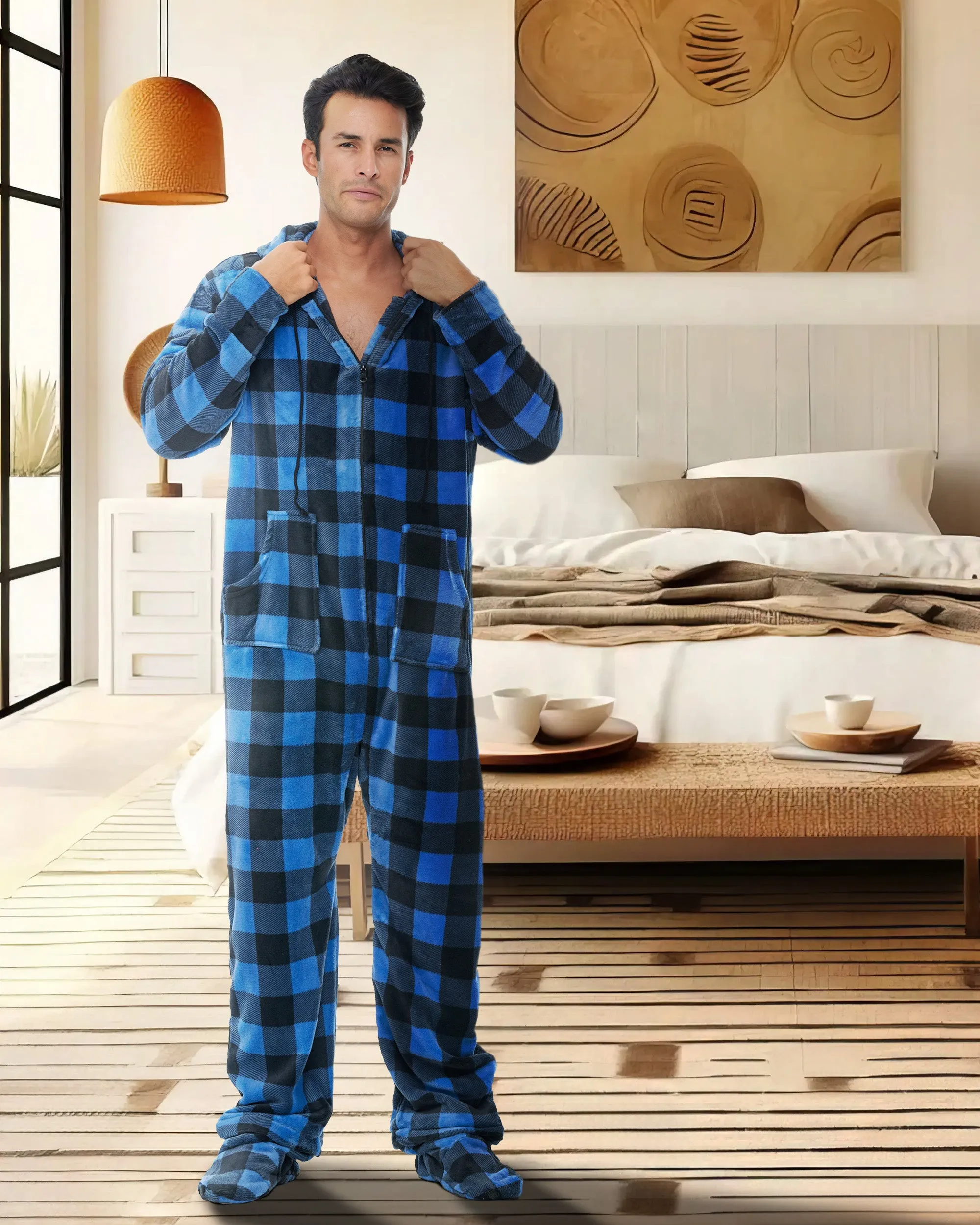 Men's Hooded Footed Adult Onesie Pajamas, Plush Winter PJs with Hood