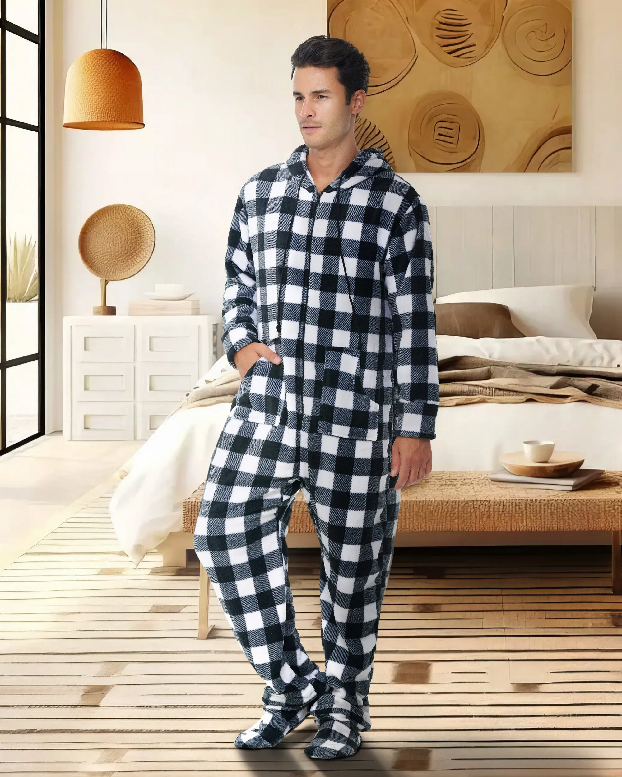 Men's Hooded Footed Adult Onesie Pajamas, Plush Winter PJs with Hood