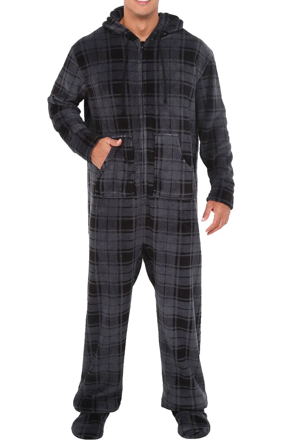 Men's Hooded Footed Adult Onesie Pajamas, Plush Winter PJs with Hood