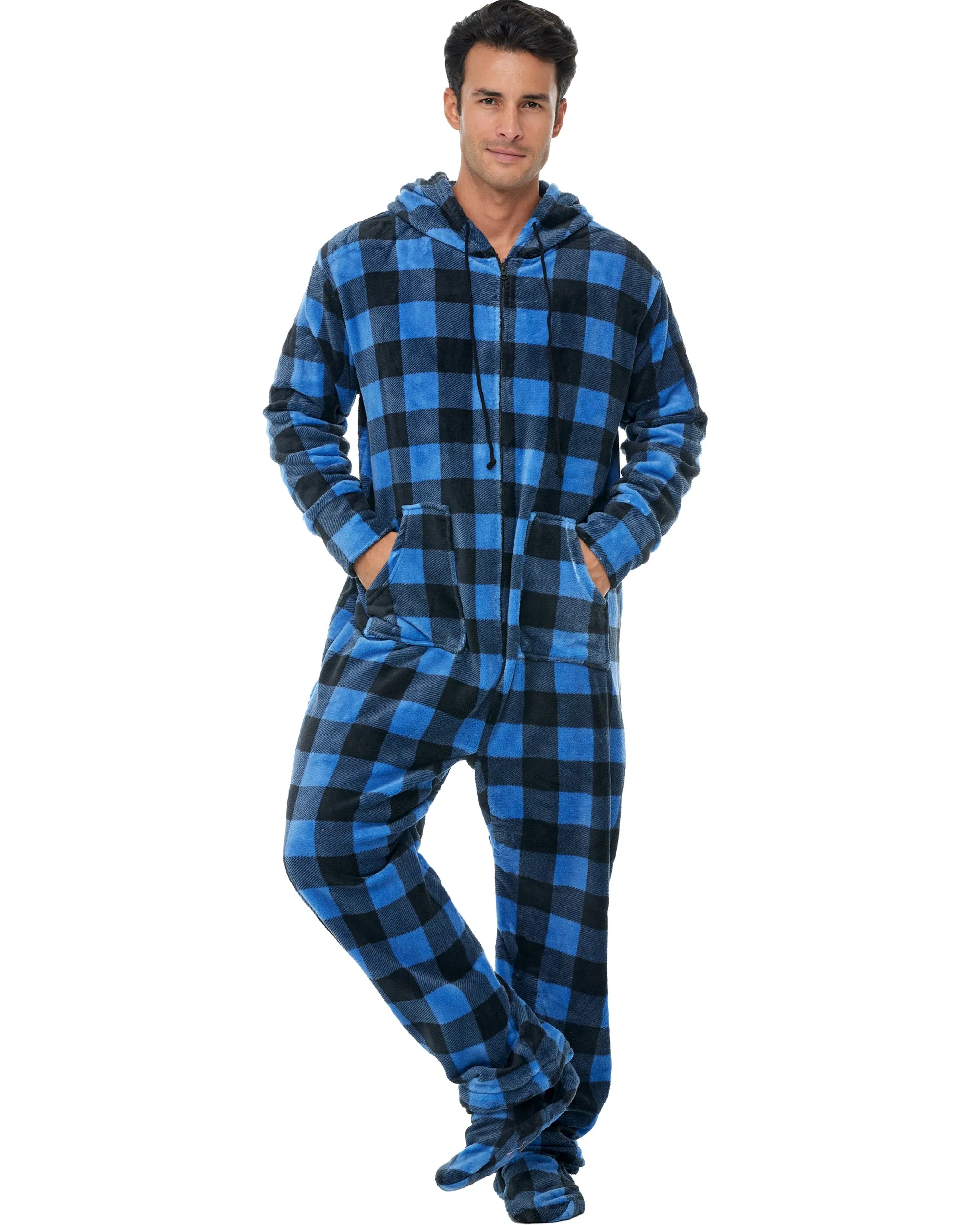 Men's Hooded Footed Adult Onesie Pajamas, Plush Winter PJs with Hood