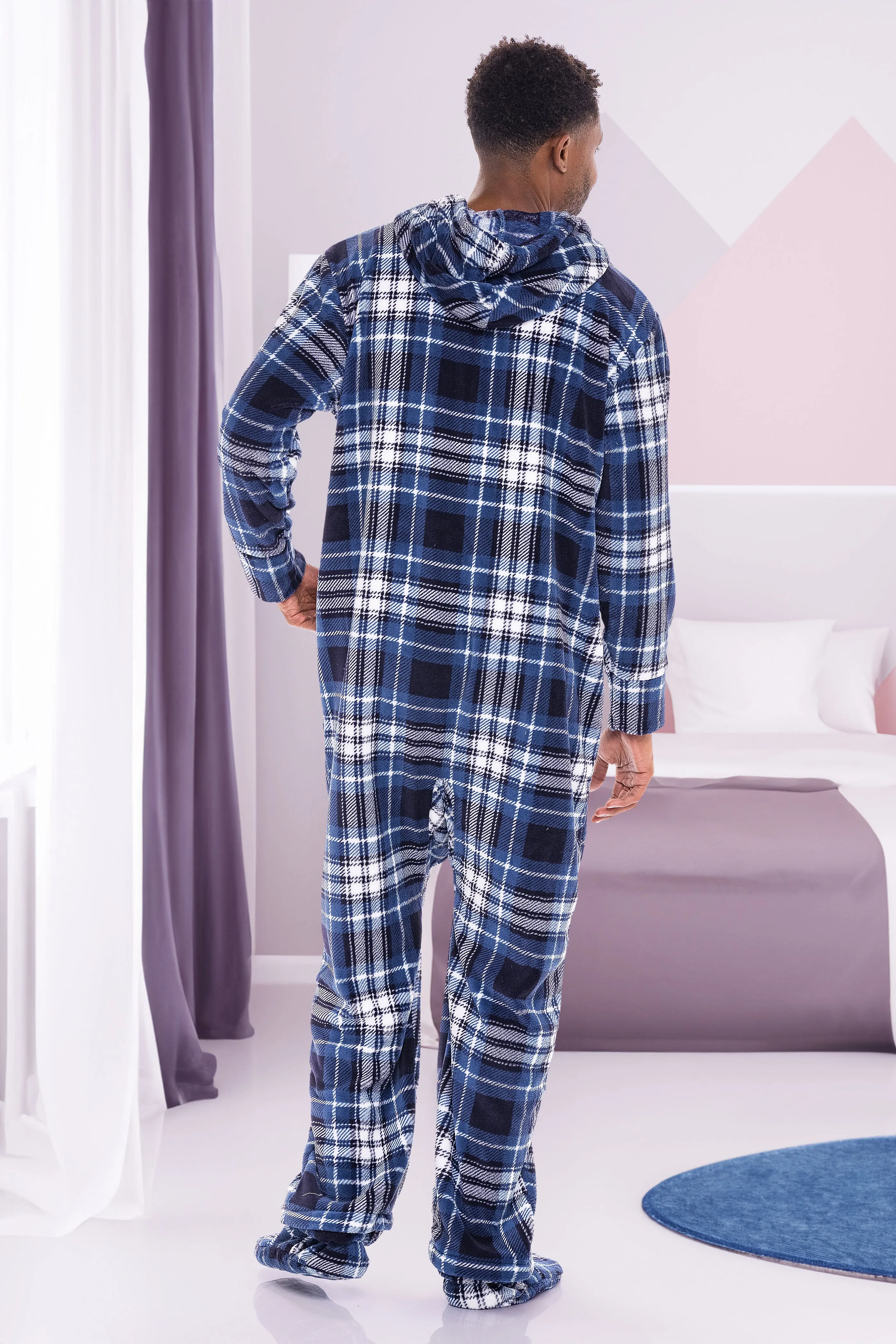 Men's Hooded Footed Adult Onesie Pajamas, Plush Winter PJs with Hood