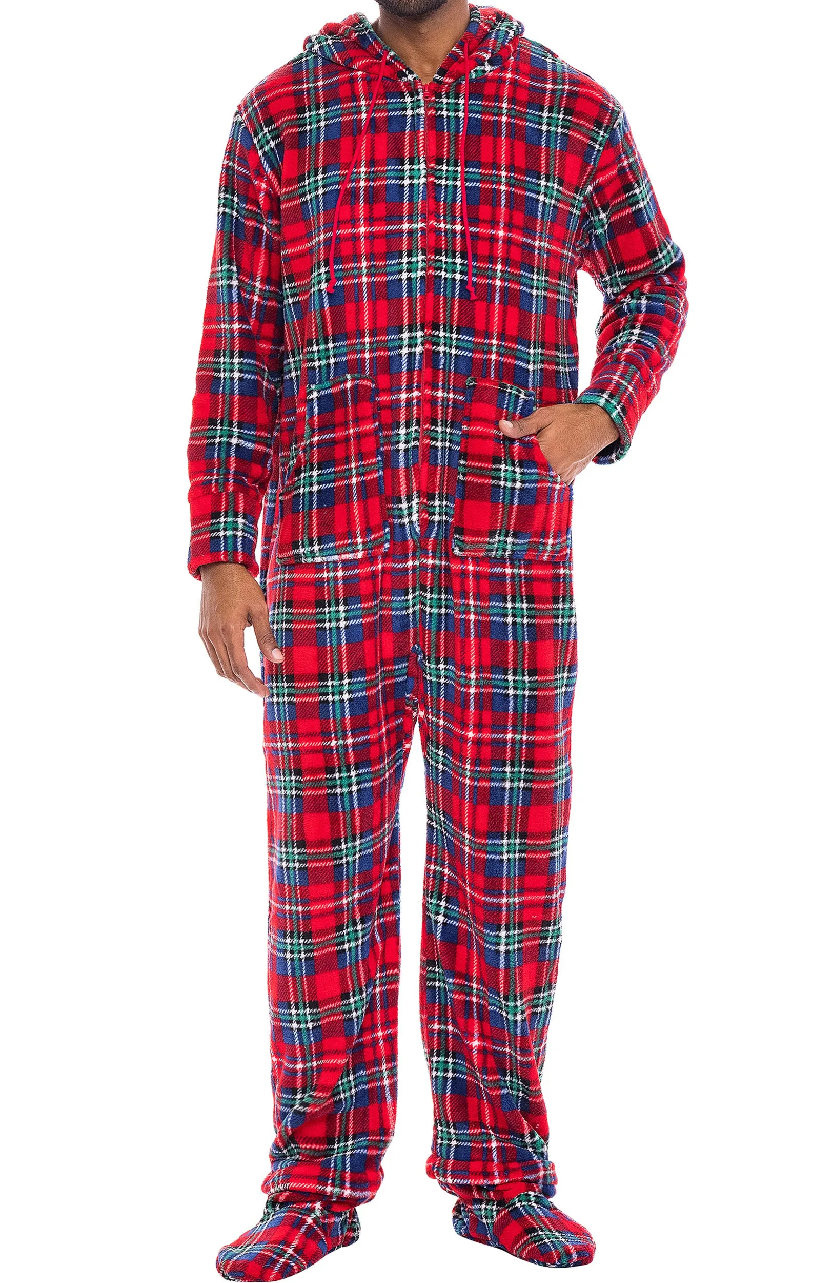 Men's Hooded Footed Adult Onesie Pajamas, Plush Winter PJs with Hood