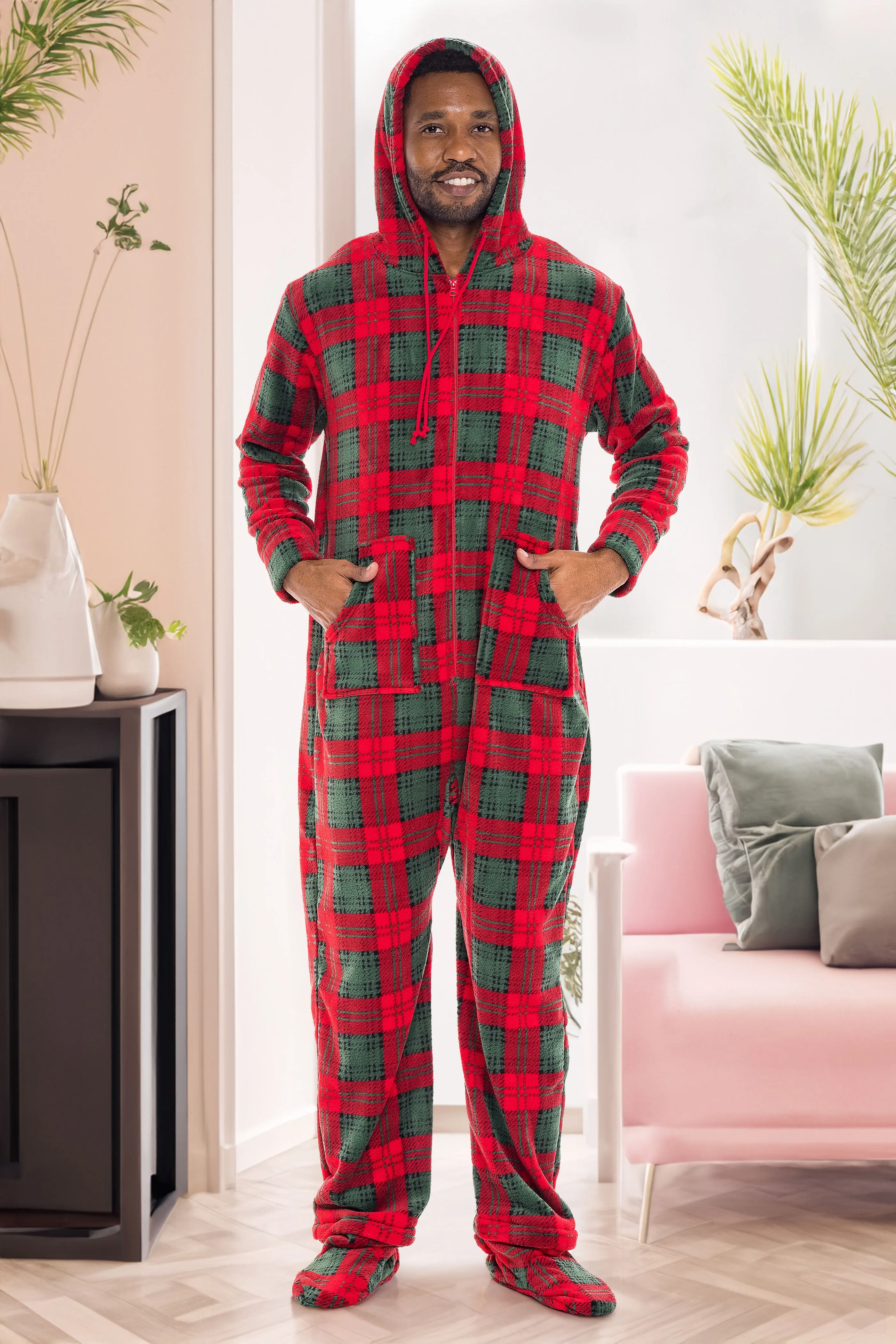 Men's Hooded Footed Adult Onesie Pajamas, Plush Winter PJs with Hood